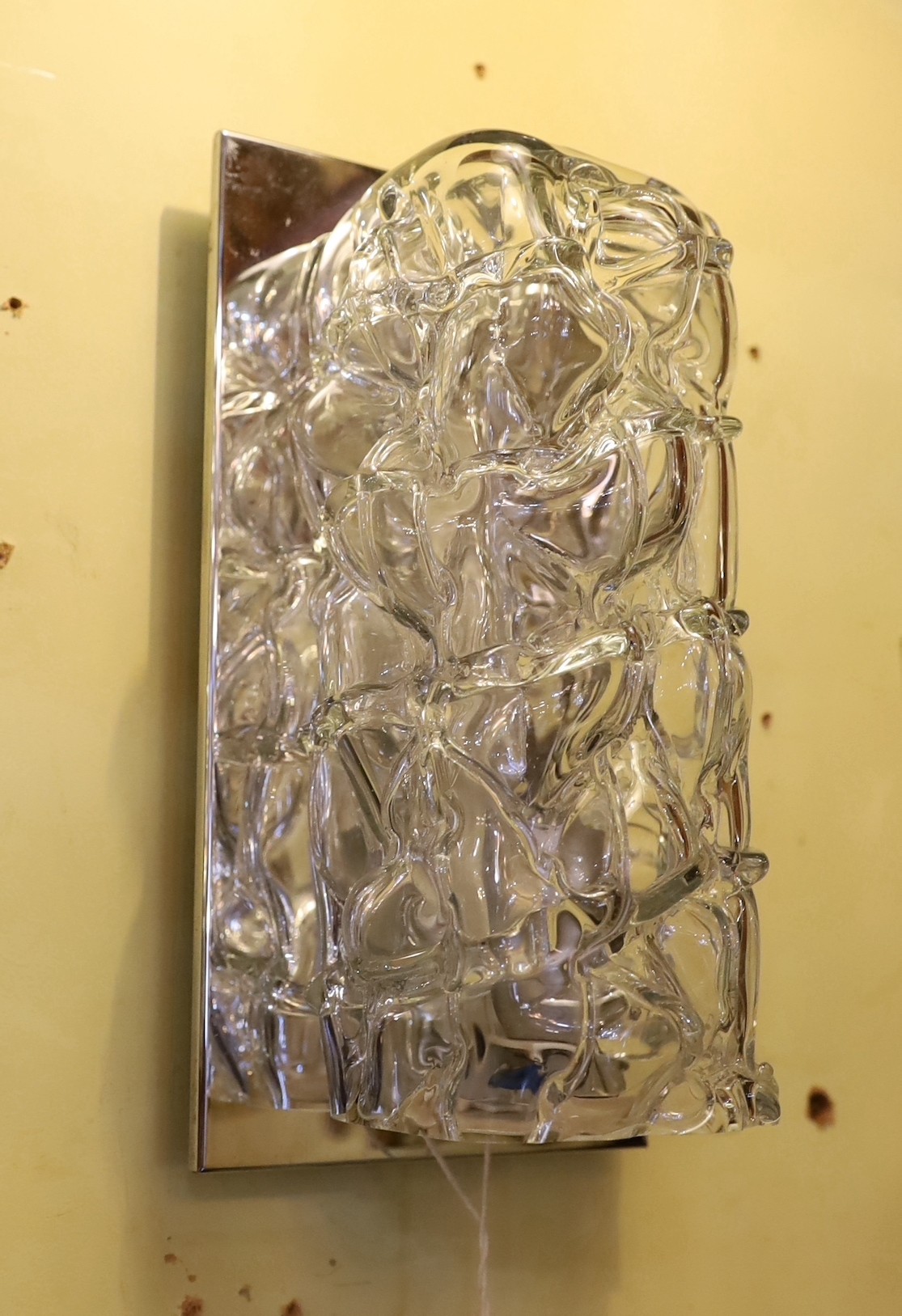 A pair of 1960s Italian scrambled glass and nickel plated wall lights, height 27cm. width 14cm